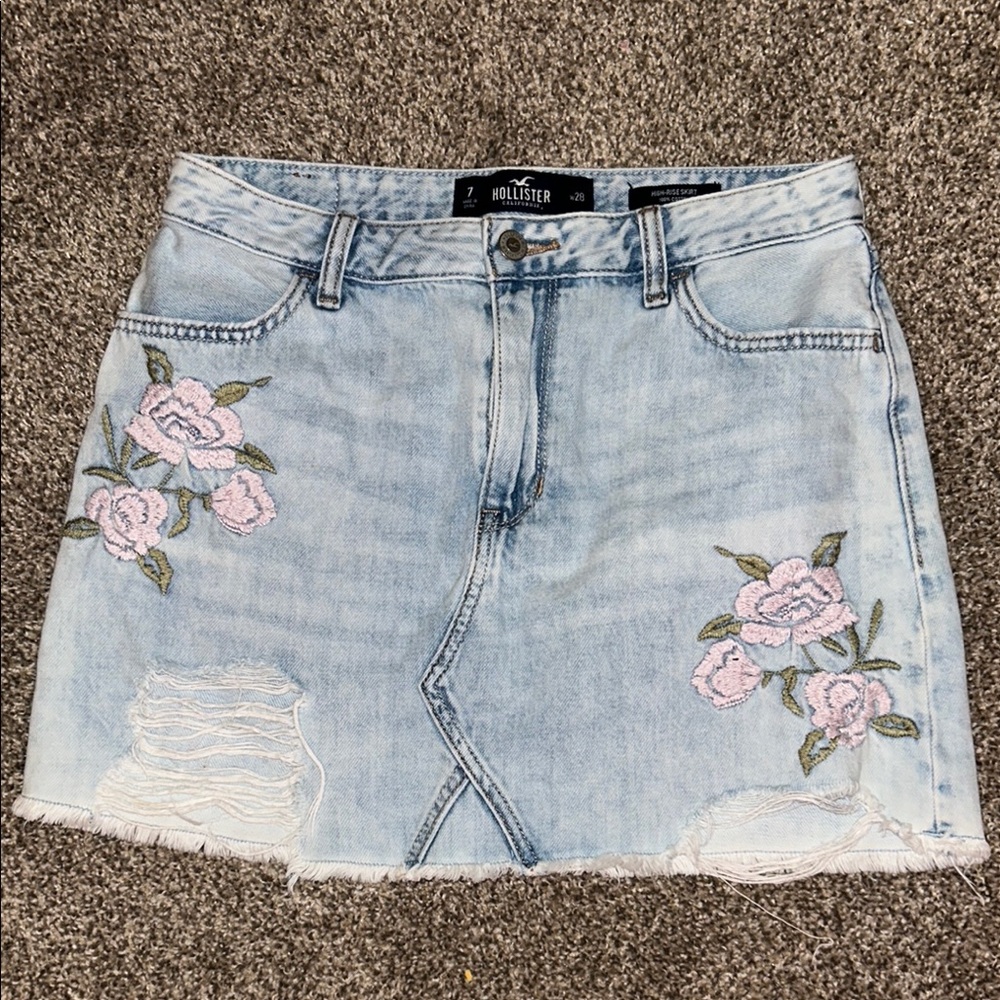 Hollister Light Blue Denim Skirt with Pink Floral Embroidery